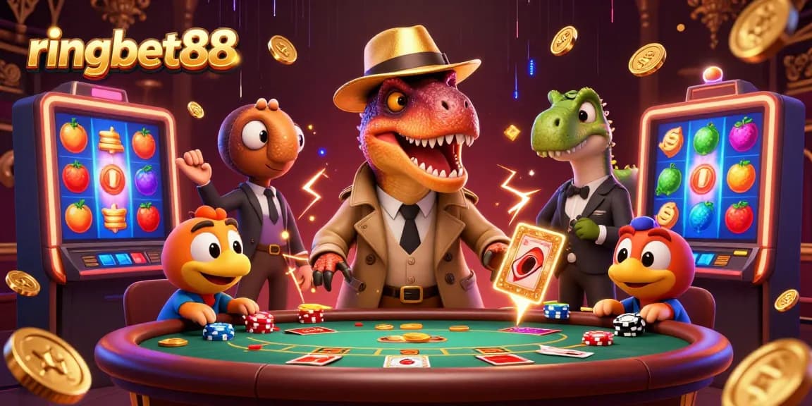 Experience thrilling gaming with ringbet88 as animated dinosaurs play slots in a vibrant casino.