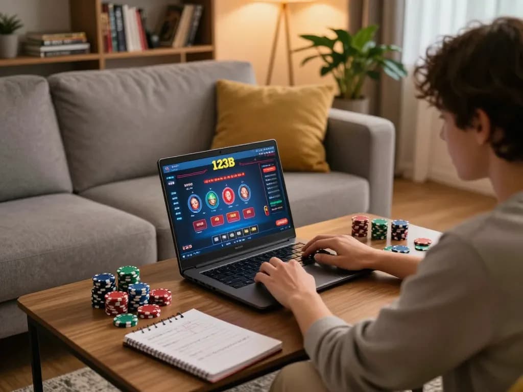 Player enjoying an online gaming session on 123B casino platform with focused strategy notes.
