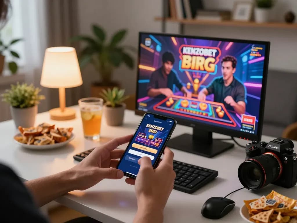 Engaging player accessing KENZOBET login on smartphone in a cozy gaming setup, showcasing online gambling excitement.