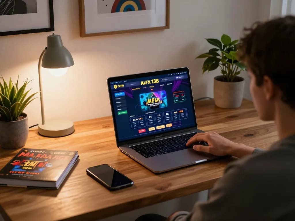 Engaging in online gaming with alfa 138 on a stylish laptop, cozy home atmosphere highlighted.