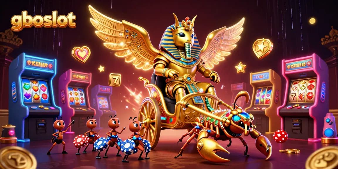 gboslot menampilkan scarab emas raksasa dengan mesin slot dan efek cahaya menyala.