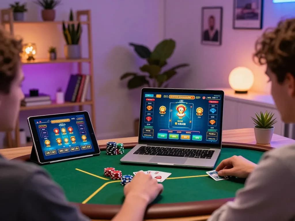 Engaging online poker gameplay on uu 88 with a modern home office setup featuring vibrant LED lights.