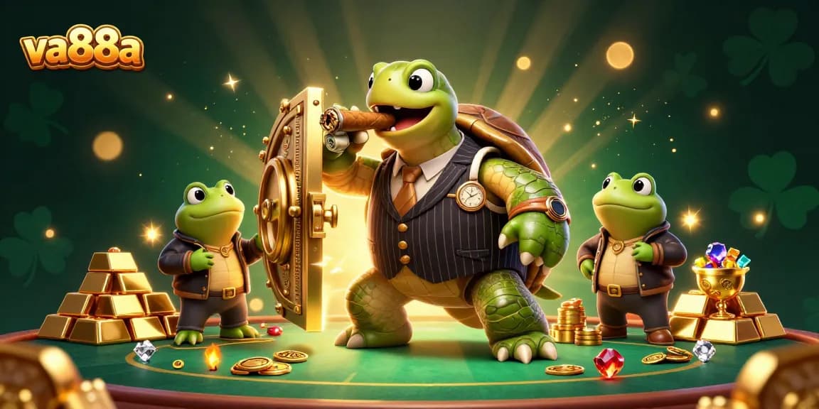va88a promotes exciting casino experiences with a vibrant scene of a turtle mobster and bullfrog enforcers celebrating wins.