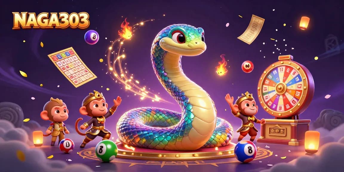 NAGA303 features a colorful cartoon scene with a vibrant serpent and monkey king celebrating jackpot wins in a magical casino.