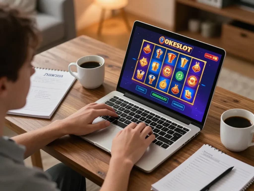 Rasakan permainan OKESLOT di rumah dengan seorang pemain yang menikmati grafis slot yang cerah di laptopnya.