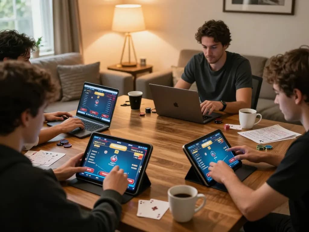 LGO99 players engaged in strategic online poker in a cozy living room setup.