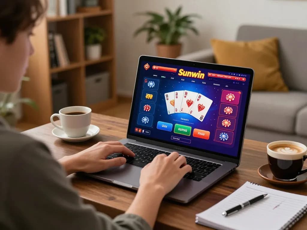 Sunwin online gaming experience with a player engaged in a virtual casino at home