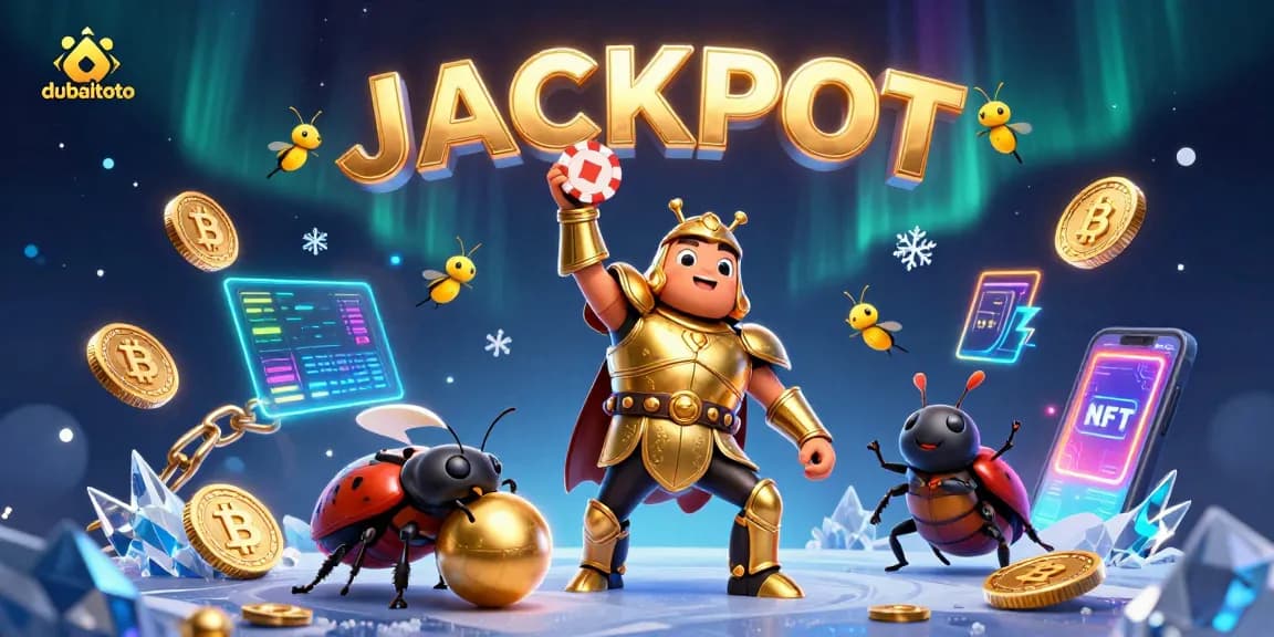 Spin and win with dubaitoto featuring a heroic beetle lifting a poker chip amid a dazzling casino scene.