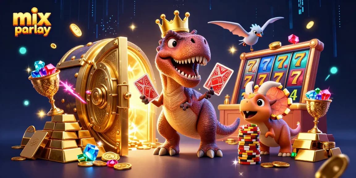 Taruhan mix parlay pada ilustrasi kasino penuh warna dengan dinosaur dan koin emas