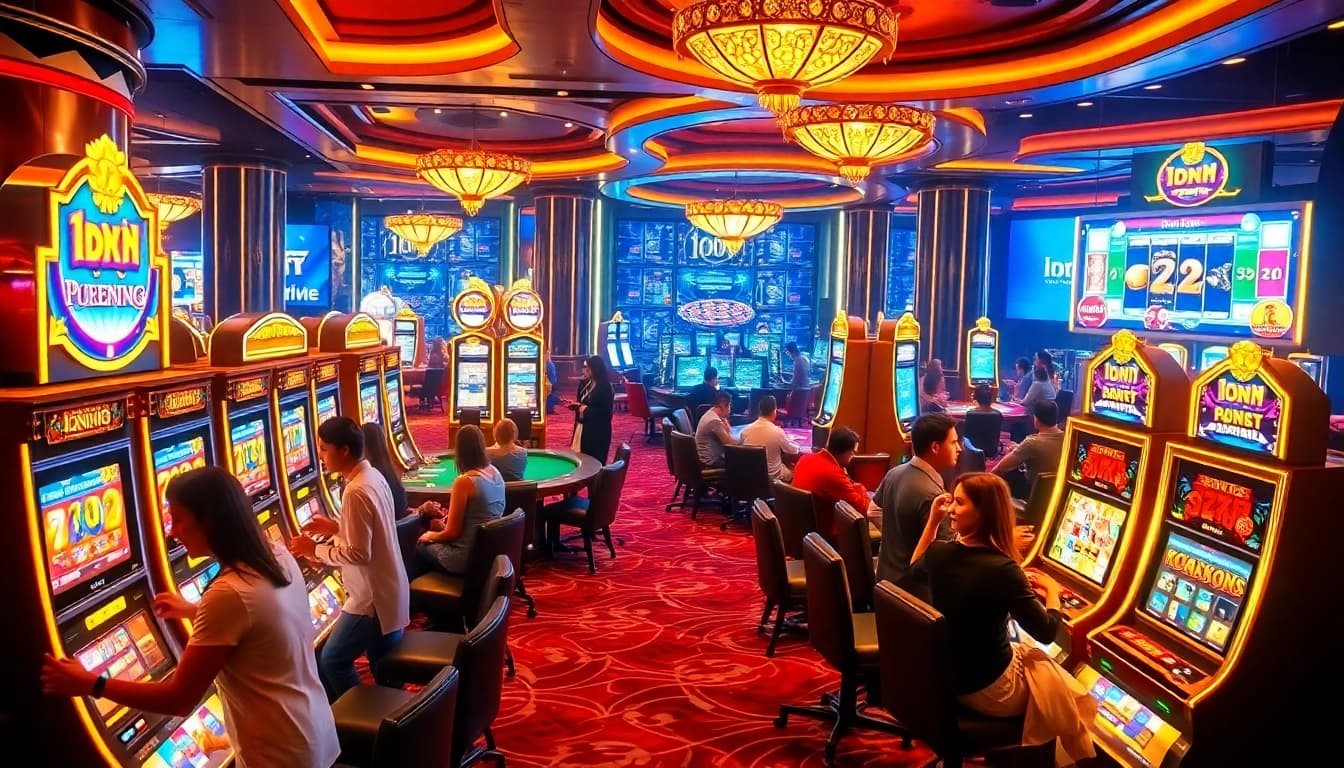 Players enjoying the excitement of idn slot games at a luxurious casino setting.