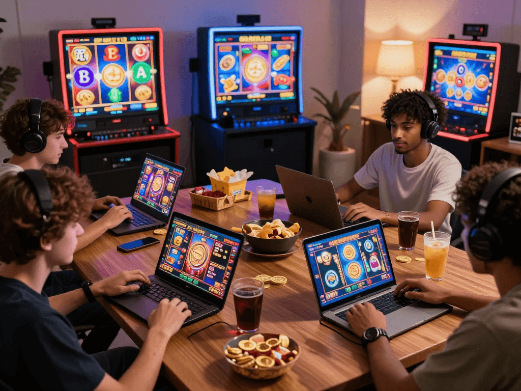 Players enjoying slot online games, engaged in dynamic interactions with RTP data, in a vibrant home gaming setting.