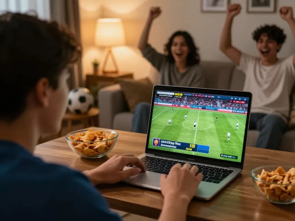 Xem bóng đá Socolive with excitement at home using laptop, enjoying live football match experience.