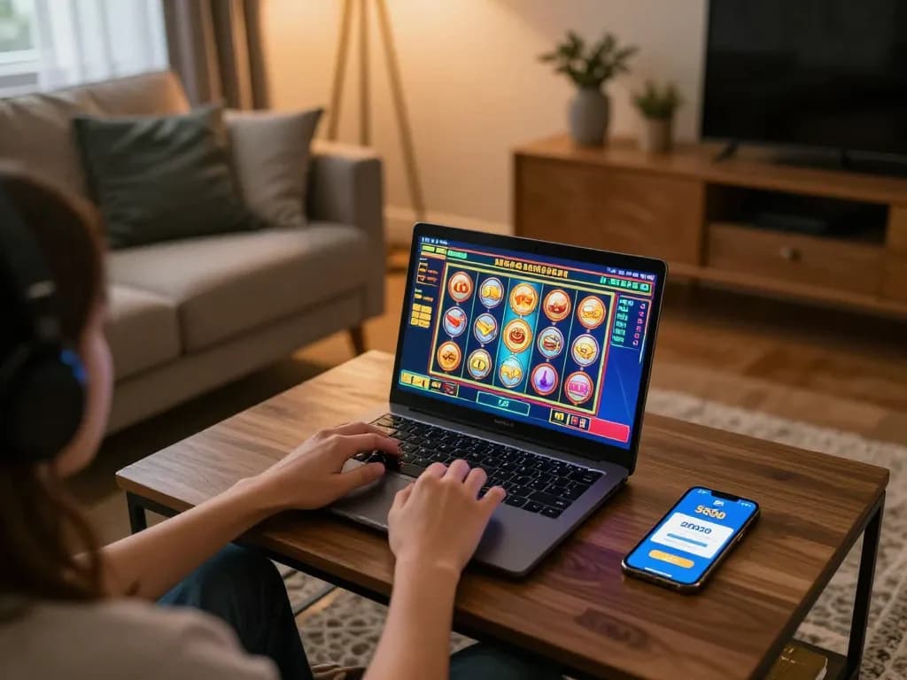 Pemain menikmati permainan slot deposit 5000 di sofa yang nyaman, menyoroti perjudian online