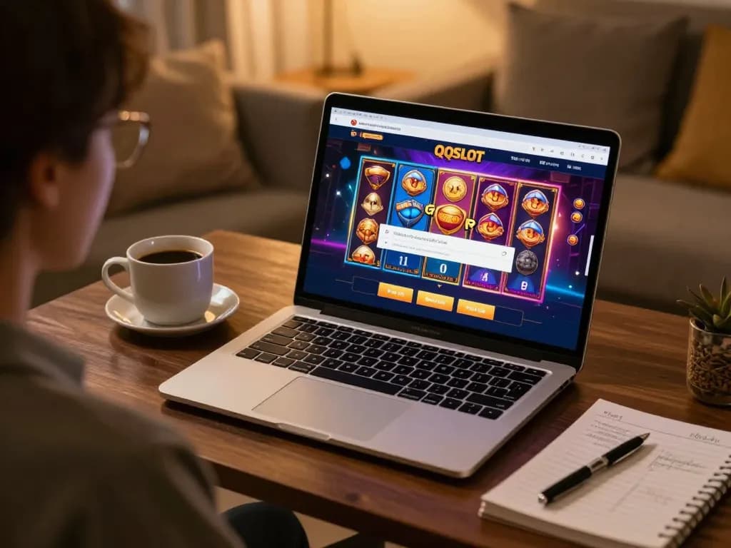 Engaging scene of QQSLOT login interface on a laptop, highlighting online gaming excitement.