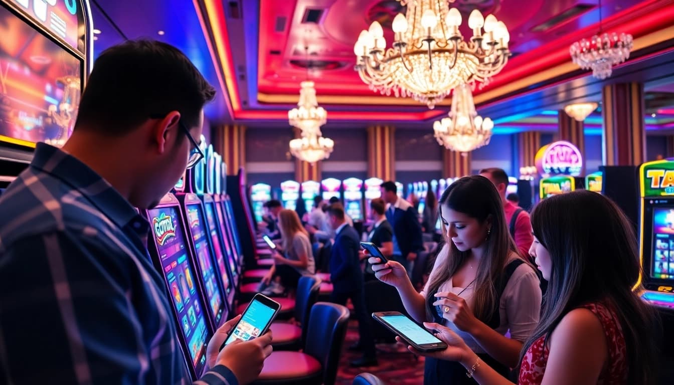 Bermain gta togel di kasino dengan mesin slot berwarna-warni dan suasana yang meriah.