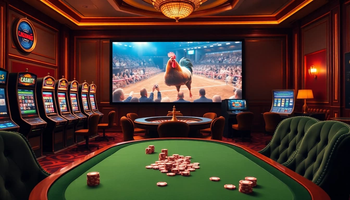 An exciting live stream of a cockfight from https://dagatructiepp.casino/ displayed in a luxurious casino setting with vibrant gaming areas.