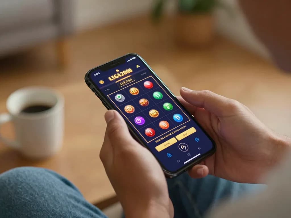 Experience online gaming thrills with LIGA2000 as a player bets on a colorful slot game.