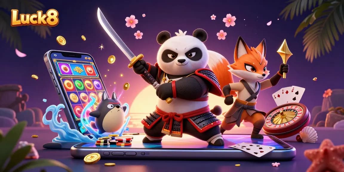 Experience Luck8's dynamic gaming world with rich visuals featuring a samurai panda and ninja fox.