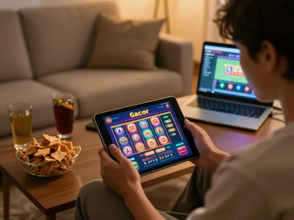 Engaging gameplay on link slot gacor from a home setup, capturing the excitement and strategy of online gambling.