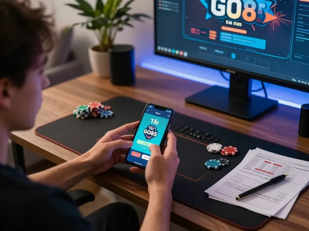 Engaged gamer using TẢI GO88 app on smartphone in cozy home setup