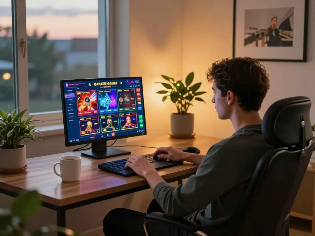 Engaging with an online casino Menu in a cozy home setup while relaxing on a chair.