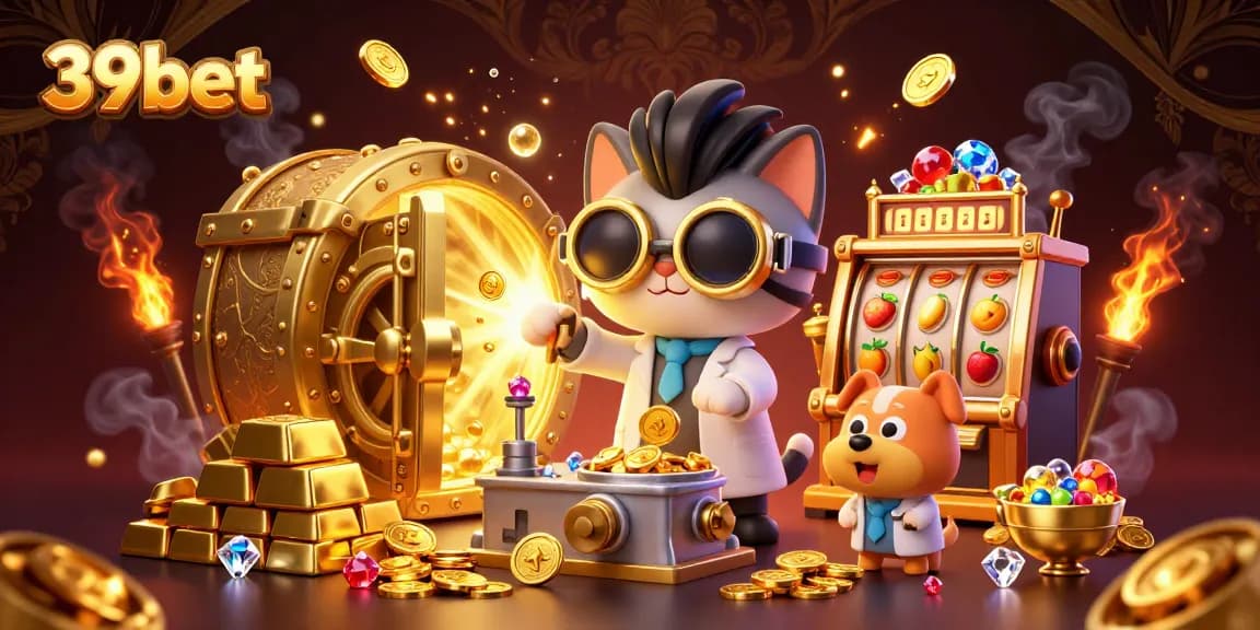 Engage with exciting gaming experiences at 39bet featuring gold treasures and animated characters in a vibrant casino scene.