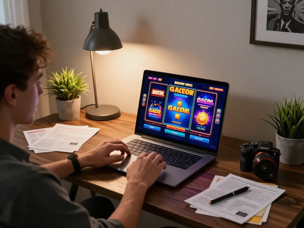 Engaging in slot gacor gameplay on a laptop in a cozy home office setting