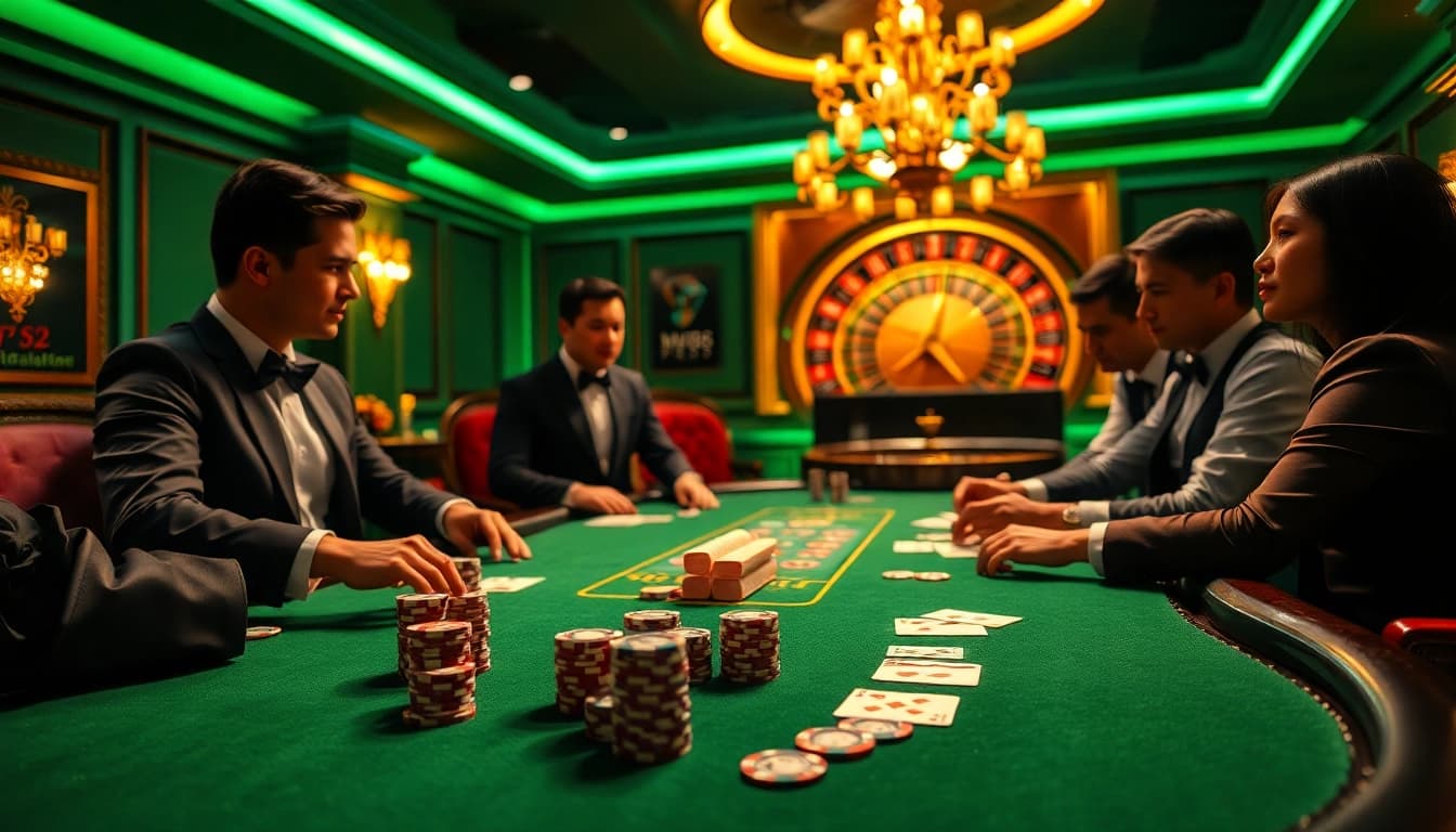 Join the excitement at the MM88 PRESS casino with players at a high-stakes poker table.