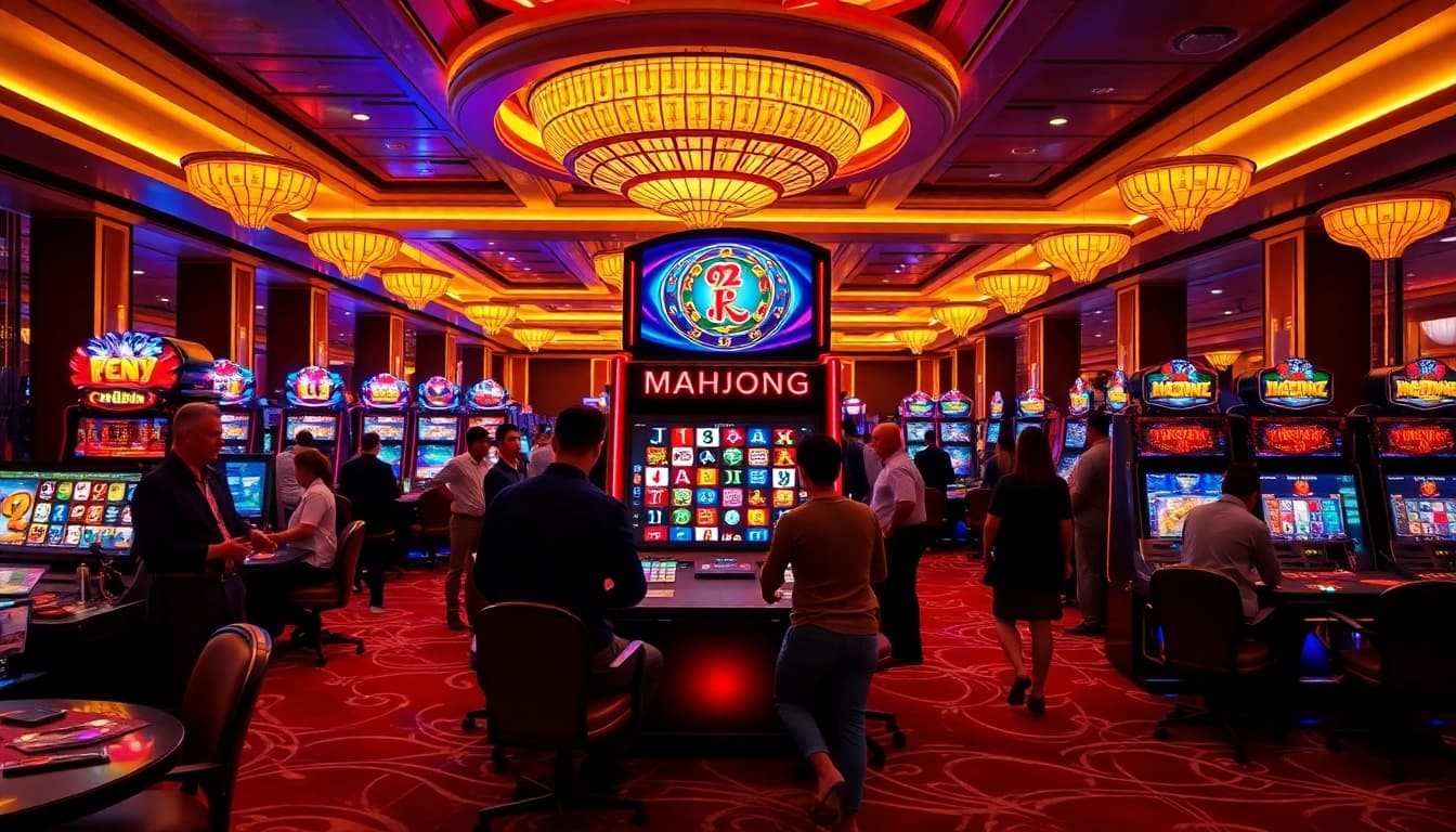 Bermain slot mahjong di mesin modern dengan suasana kasino yang ceria dan elegan.