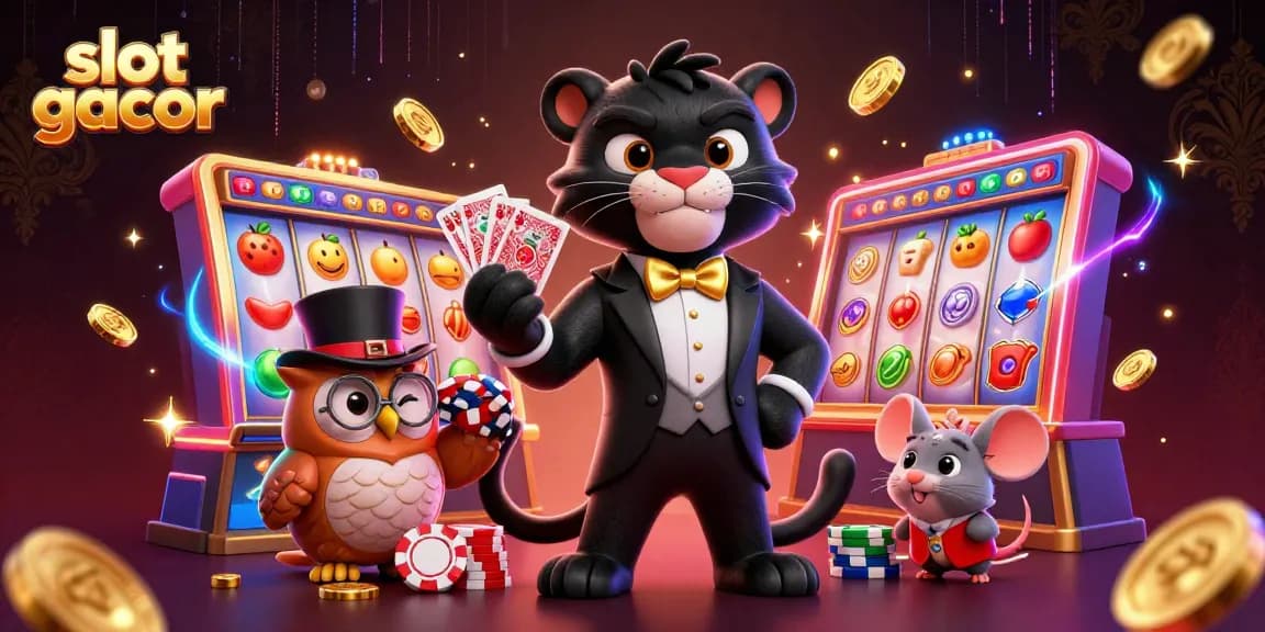 Experience the thrill of slot gacor with stylish characters amidst spinning slot reels and gold coins.