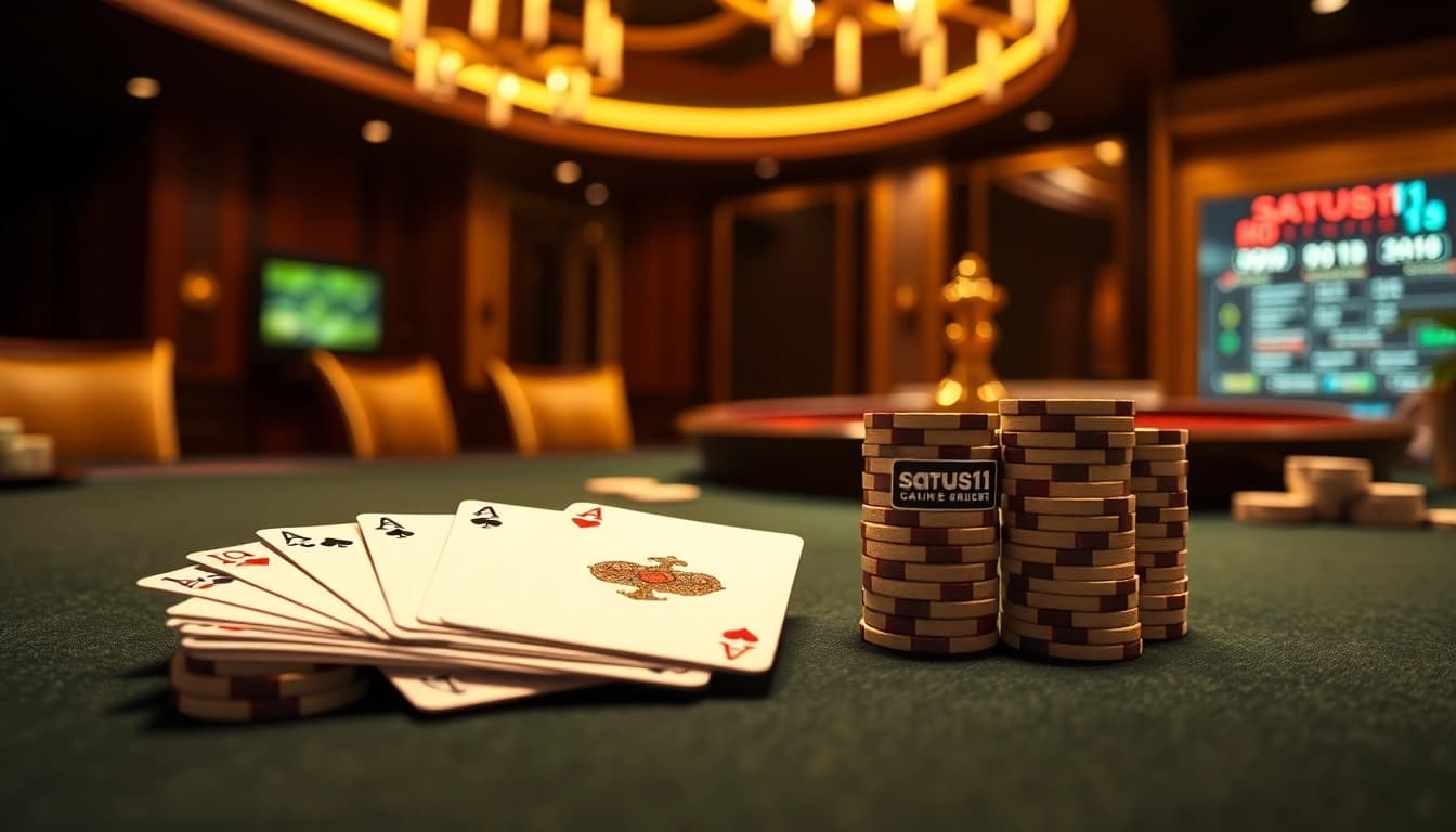 Engaging scene depicting situs11 login with luxurious casino elements like poker chips and cards.