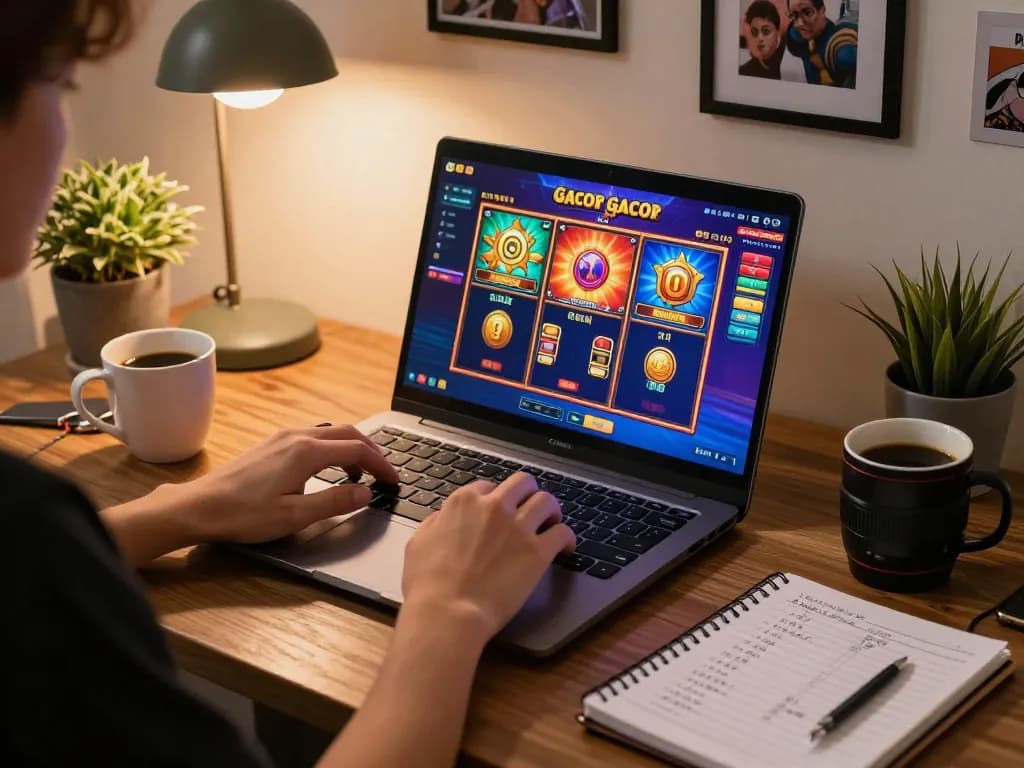 Person playing slot gacor on laptop, showcasing a captivating online gaming setup with strategic notes.