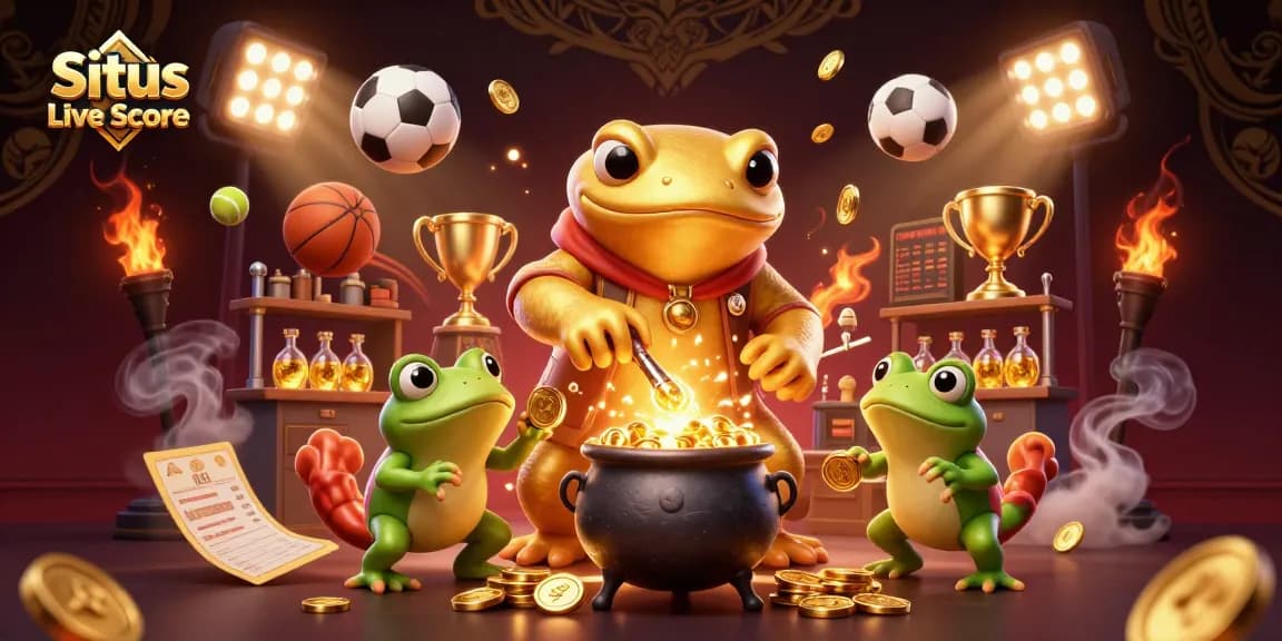 Situs Live Score illustrated with a golden salamander alchemist and sports balls creating a dynamic gambling scene.