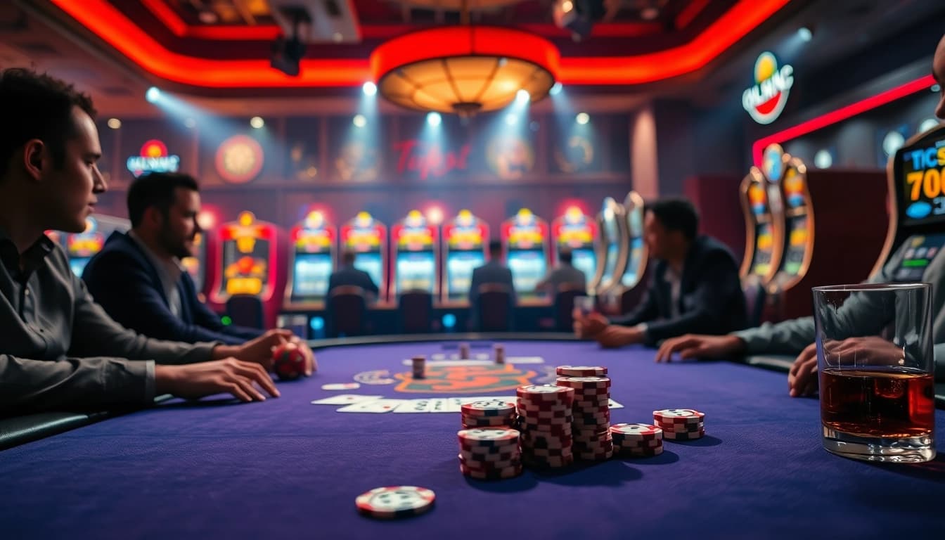 Permainan casino oja89 dengan pemain yang serius di meja poker, penuh semangat dan kegembiraan.