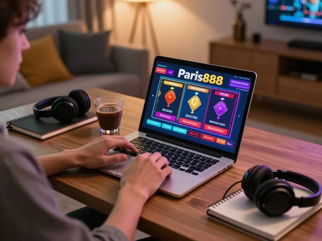 Berpartisipasi dalam permainan daring di Paris888 dengan visual layar yang cerah dan pengaturan rumah yang nyaman.