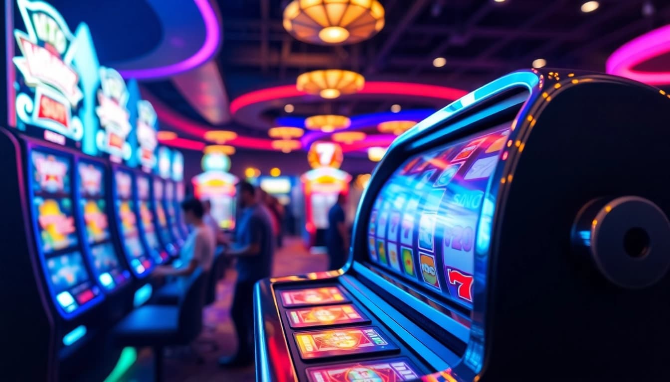 Permainan slot menarik di mesin dengan lampu berwarna cerah di kasino.