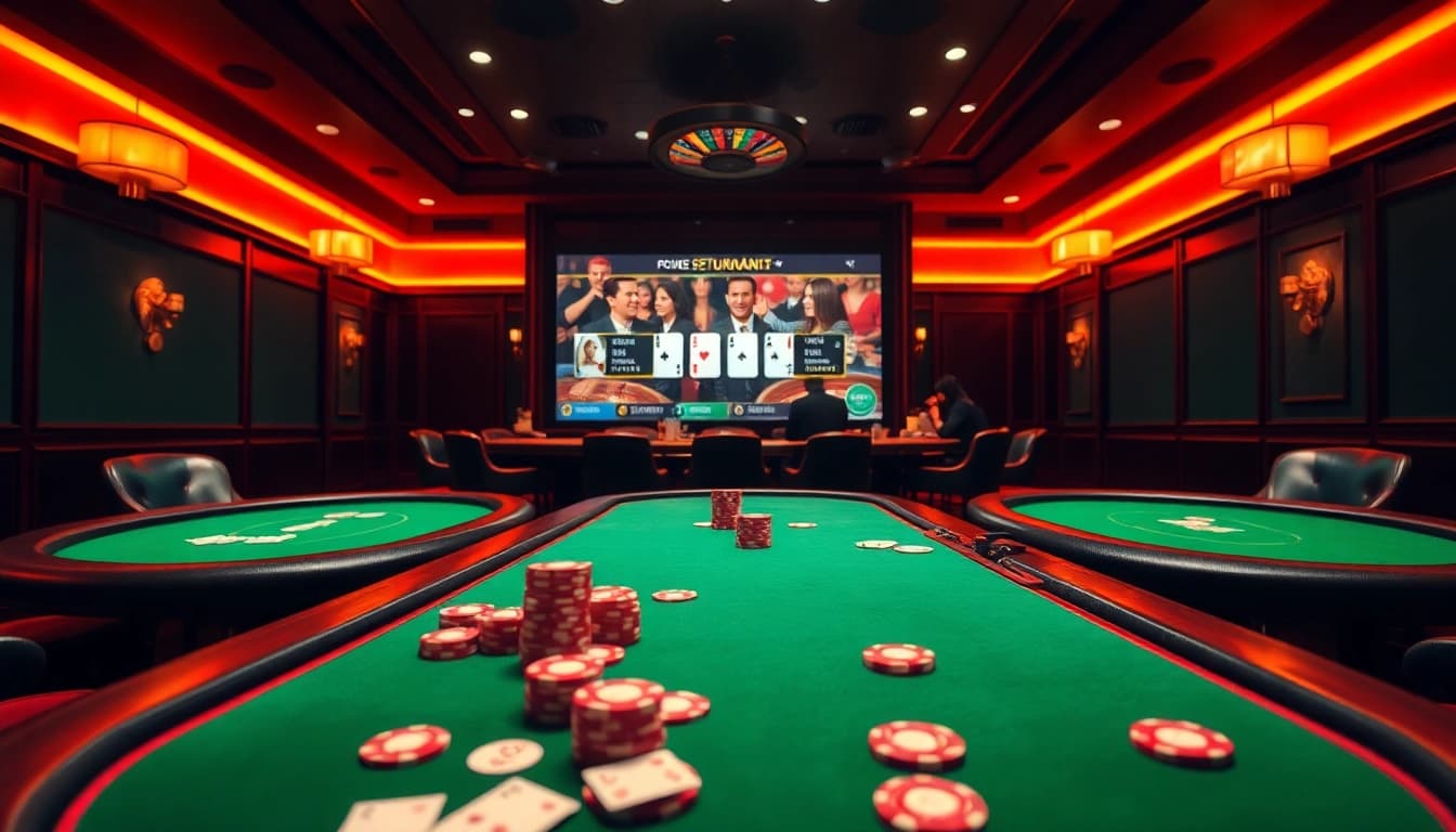 Engaging poker online action in a luxurious casino environment with professional poker equipment.