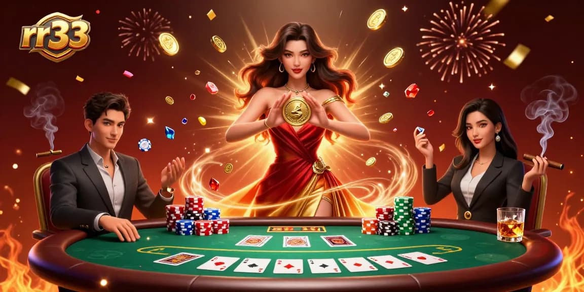 Win big at rr33 with stunning rewards, featuring a glamorous Asian woman, golden coins, and exciting poker elements.