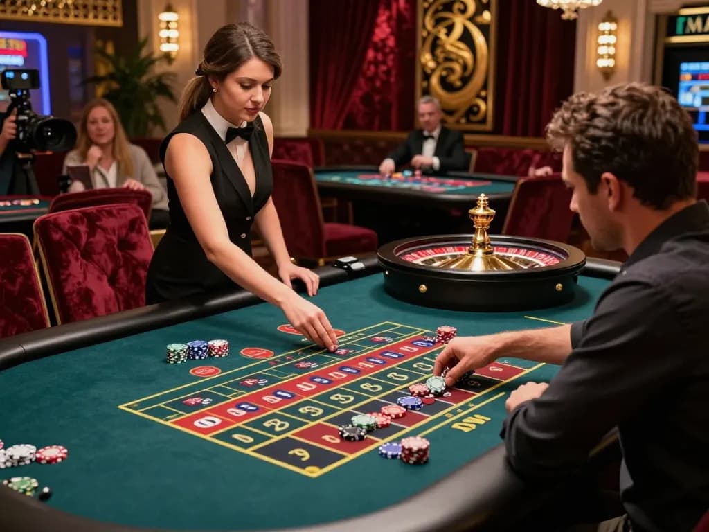 F168 live casino scene with a player engaging at the roulette table, highlighting excitement and luxury.