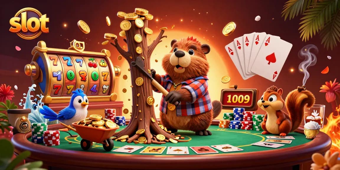 Slot dengan beaver pemotong pohon menghasilkan koin emas di kasino online.