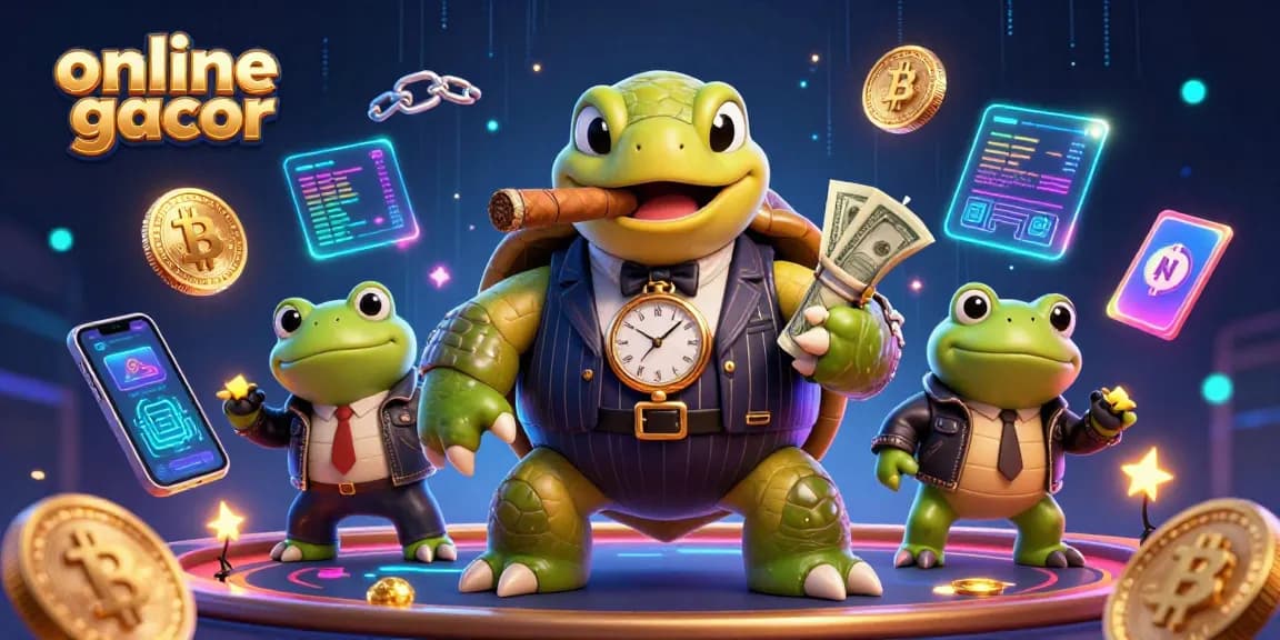 Experience online gacor with dynamic casino-themed art featuring vibrant characters and glowing crypto elements.