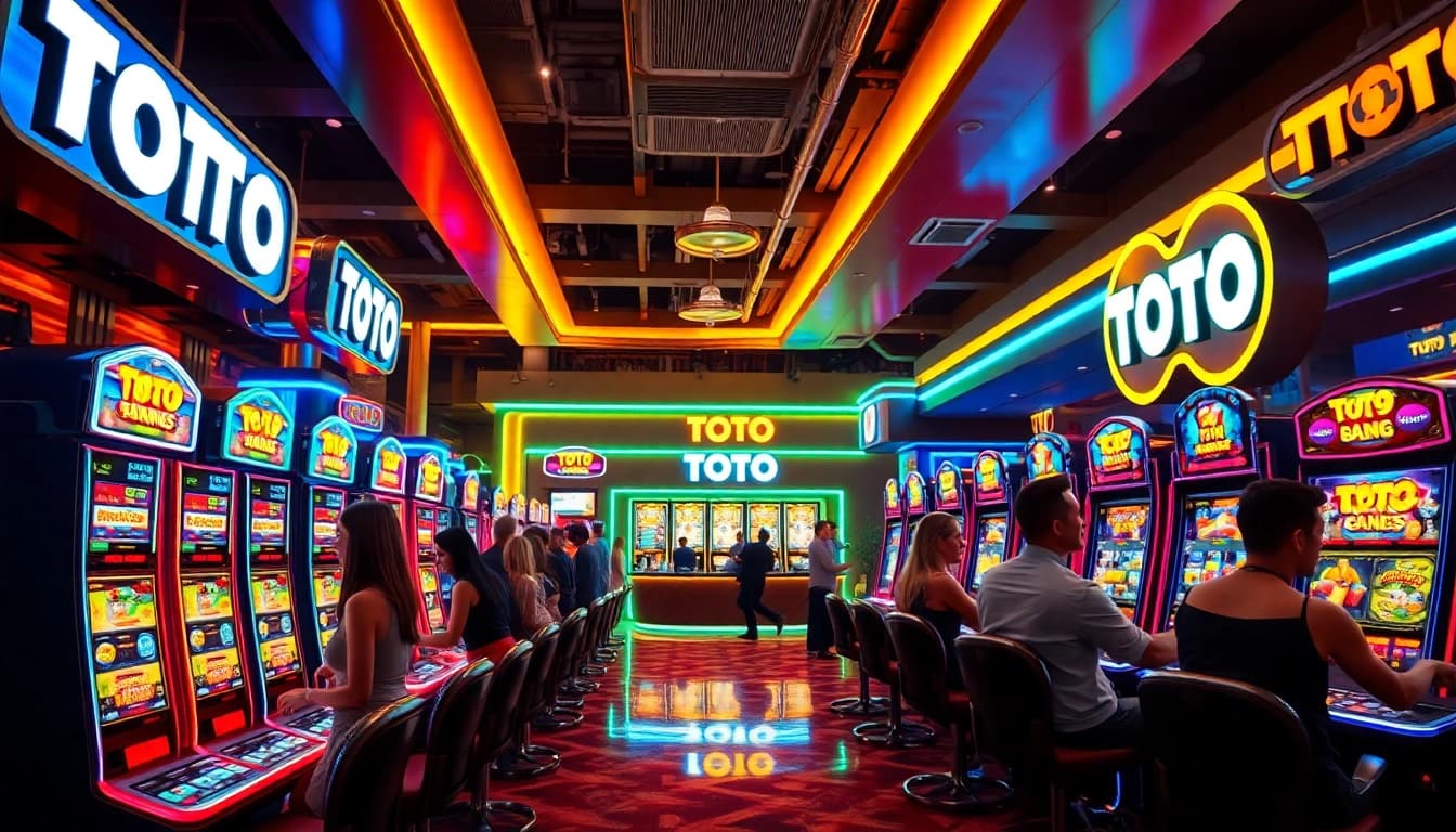 TOTO game area with vibrant slot machines and excited players in a lively casino setting.