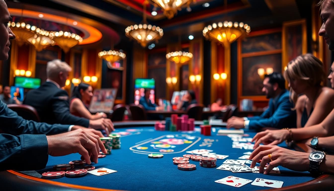 Menangkan buntogel di meja poker dengan pemain terlibat dalam permainan.
