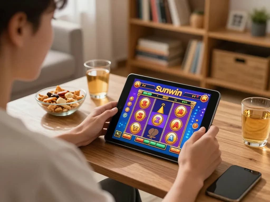 Engaging player enjoys Sunwin mobile slots on a tablet in cozy home, showcasing online gaming