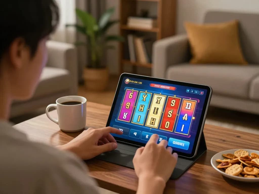 Engaging gameplay of game nổ hũ on a tablet with vibrant reels and cozy living space.
