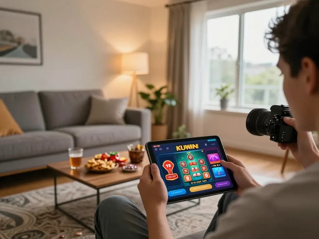 Kuwin user enjoying exciting poker gameplay on tablet in cozy home setting, illustrating engaging online gambling.