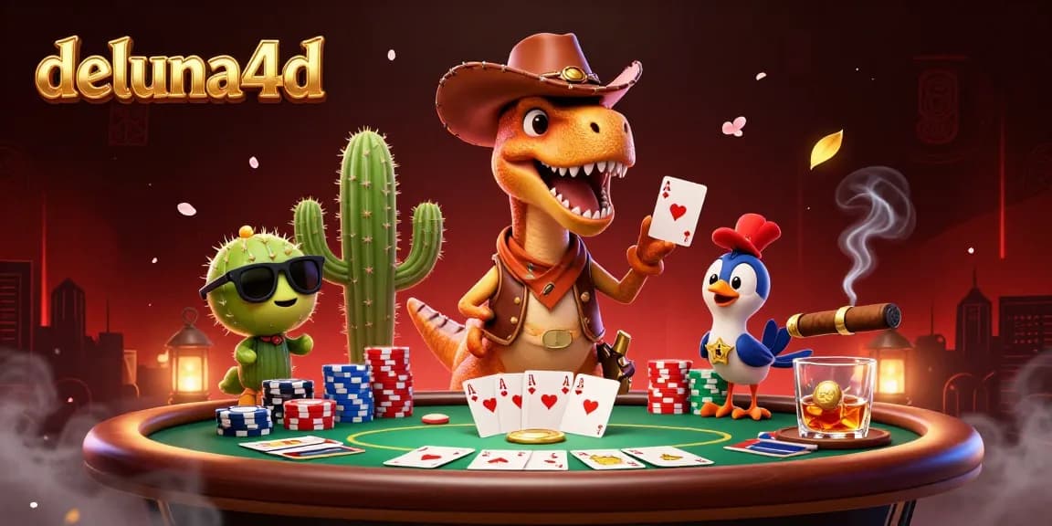 Experience thrilling games at deluna4d with the T-Rex cowboy and friends at a vibrant poker table.