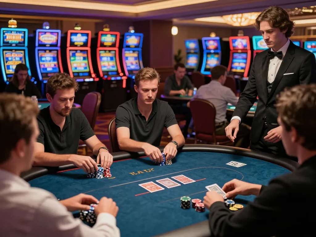 Players strategizing in a tense poker game at a luxury casino featuring tr88 atmosphere and vibrant environment.