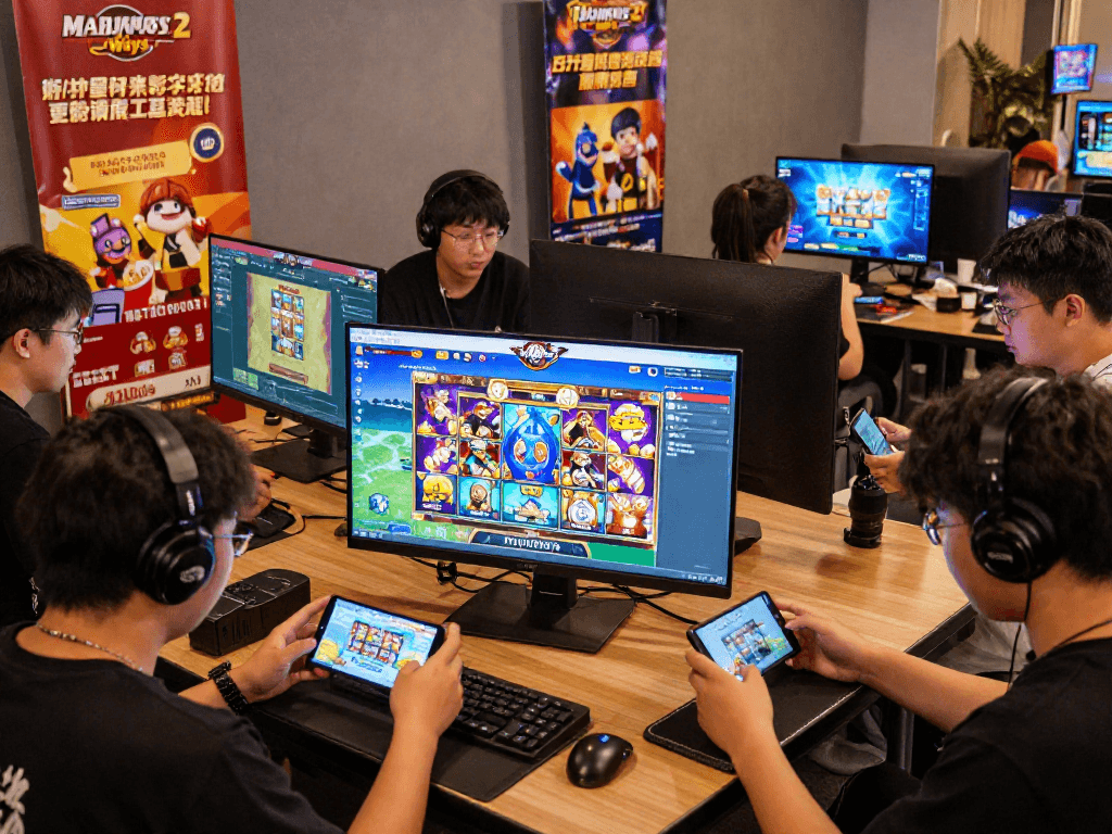 Engaging situs slot gaming scene showcasing players enjoying vibrant slot machine games and interactive features in a cozy lounge.