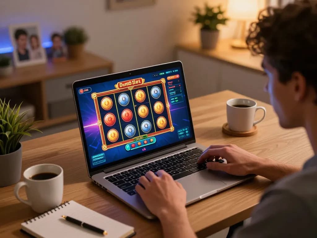 Engaging in a thrilling Demo Slot session with animated reels on a laptop, warm home atmosphere.